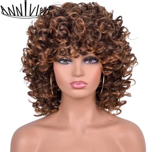 12inch Short Afro Curly Wig For Black Women Ombre Brown Big Bouncy Synthetic Cosplay Wigs With Bangs Heat Resistant Annivia