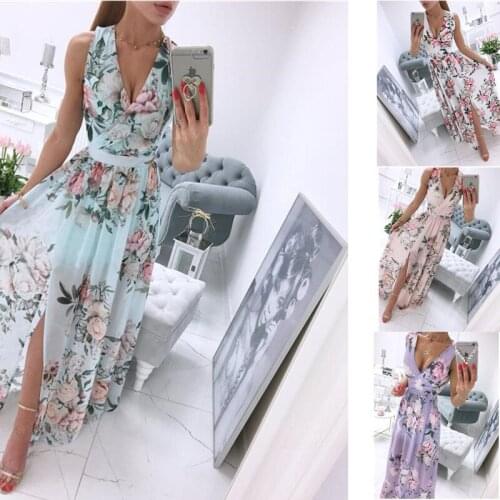 Summer Fashion Sexy Deep V Neck Chiffon Print Bohemian Womens Banquet Party Dress 2021 Casual Empire Sleeveless Ladies Dresses