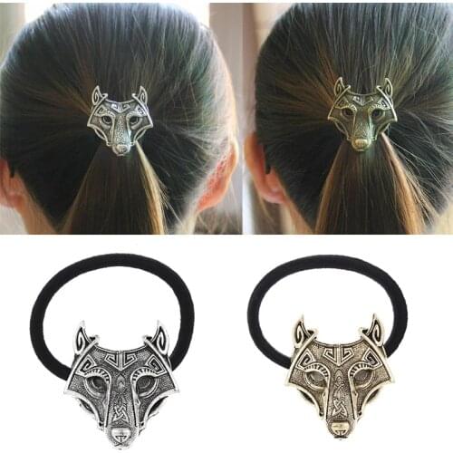 Fashion Norse Vikings Head Jewelry Accessories Crystal Wolf Head Black Elastic Hair Rubber Bands Animal Hair Rope Women