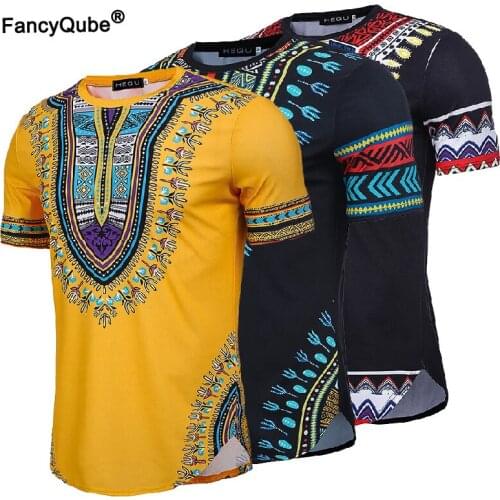 Hem Curved T Shirt Mens African Dashiki Print Casual O Neck Tee Shirt Boho Folk Short Sleeves Tops Slim Fit For Men Plus Size