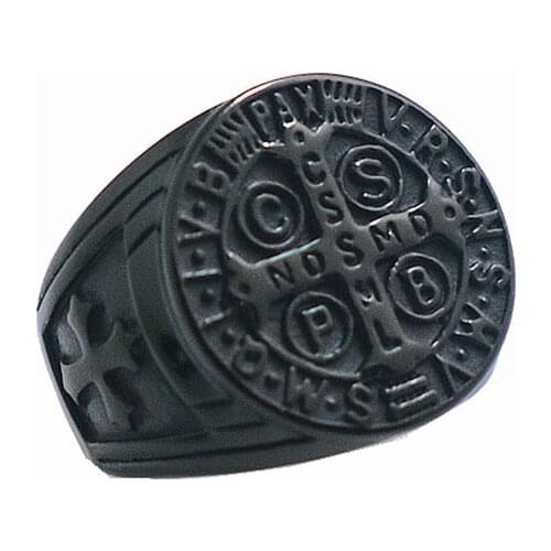 Mens CSPB CSSML NDSMD Saint Benedict of Nursia 316L Stainless Steel Black Newest Ring