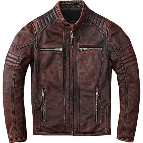 Mens genuine leather jacket motorcycle suit retro clothing autumn coat