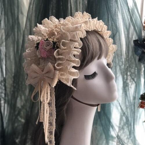 Original Handmade Lolita KC Gorgeous Hair Accessories Bowknot Long Streamer Flower Lace Trim Headband Generate Color Headdress