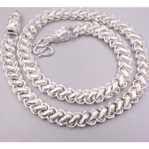Pure 999 Fine Silver Necklace 12mm Dragon Head Button Double Rolo Link Chain 24.62“L New For Man