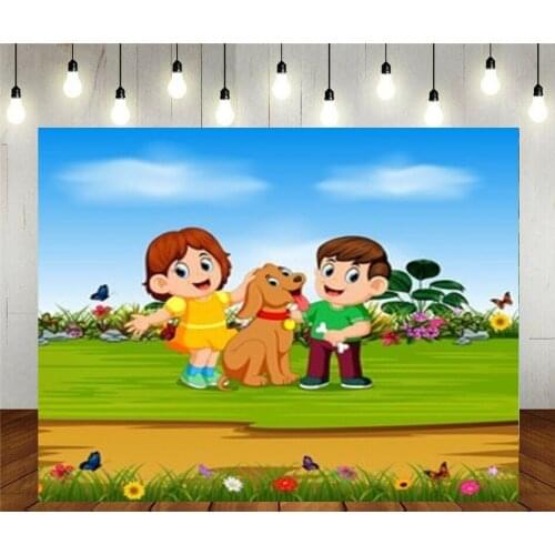 Photo Studio Props Photography Backdrop Boy And The Girl Are Holding Their Dog Cartoon Vinyl Background Kids Birthday Party