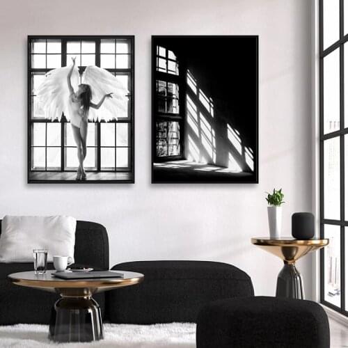 Scandinavian Boho Chic Decor Guardian Angel Woman Canvas Painting Prints Window Light Beam Poster Black White Wall Art Picture