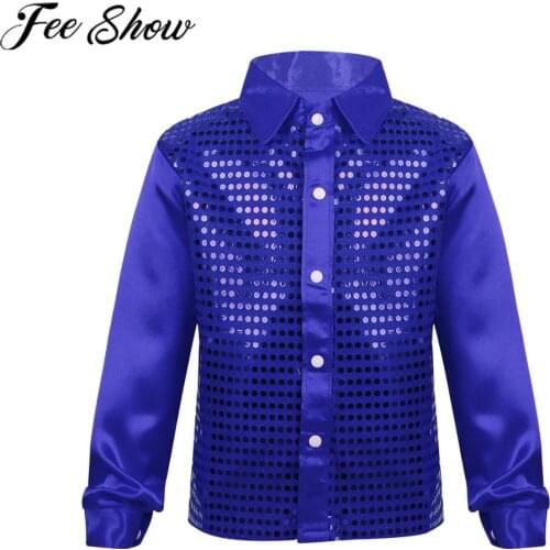 Feeshow Kids Boys Dance Shirts Long Sleeve Shiny Sequined Latin Jazz Dance Stage Performance Competition Clothes