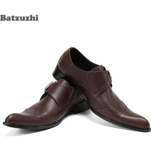 Batzuzhi Formal Genuine Leather Dress Shoes Men Handmade Pointed Toe Buckle Mens Shoes Brown Business Leather Shoes Men, 38-46