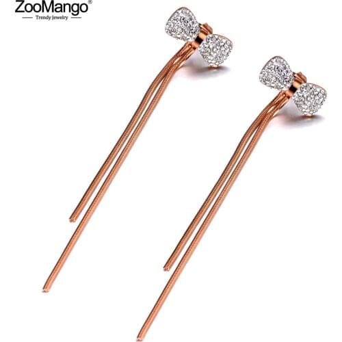 ZooMango Trendy Titanium Stainless Steel Bowknot Earrings Jewelry White Clay Rhinestone Tassel Earrings For Women Girls ZE20015