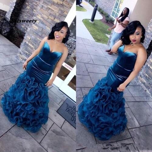 Hot Sale Velvet African Mermaid Prom Dresses 2021 Sweetheart Long Ruffles Organza Evening Party Formal Gowns Custom Made