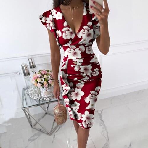 Summer Ladies dress Knee-Length floral prithed V-neck Slim Buttocks dress For Women Print Fashion sexy office women clothes