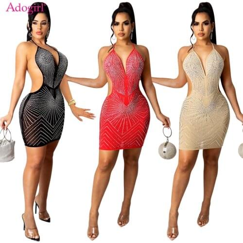 Adogirl Rinestone Diamonds Sheer Mesh Bodycon Mini Club Party Dress with Underwear Women Sexy V Neck Halter Backless Vestidos