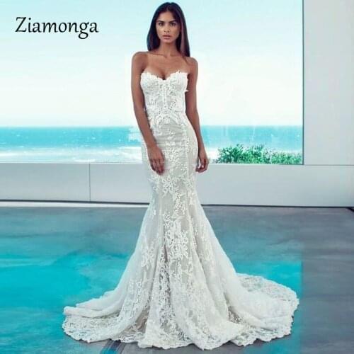 Ziamonga Illusion Vestido De Noiva White Strapless Lace Mermaid Wedding Dress 2020 Off Shoulder Wedding Gown Bride Dresses