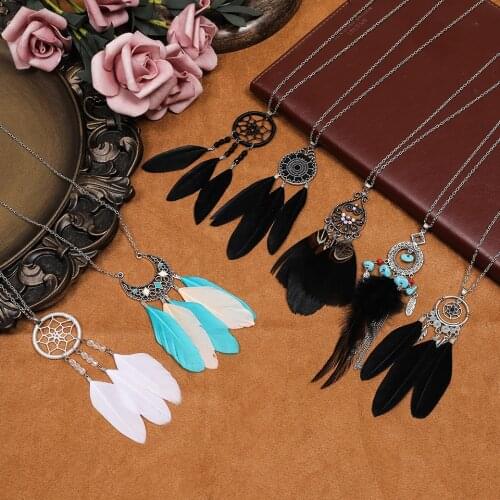 Vintage Boho Gypsy Ethinic 2020 Fashion Feather Winter Sweater Chain Pendant Necklace for Women Female Jewelry Acessories