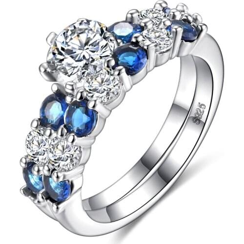 2pcs Set Rings for Women Blue White Zircon Dazzling Jewelry 925 Sliver Ring Bride Wedding Engagement Jewelry Couple Ring