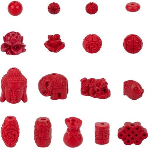 50pcs Buddhist Jewelry Cinnabar Carved Lacquerware Beads Buddha Lotus Chinese Knot FireBrick DIY Jewelry Making Crafts Supplies