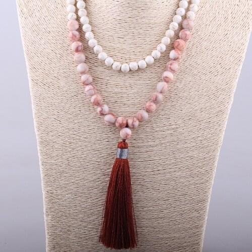 Free Shipping Bohemian Jewelry Fashion White & Red Semi Precious Stone Long Tassel Necklace