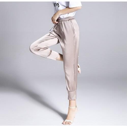 Mulberry silk heavy fancy crepe silk pants lace elastic waist slim thin pencil ankle-length pants casual silk pants1810028
