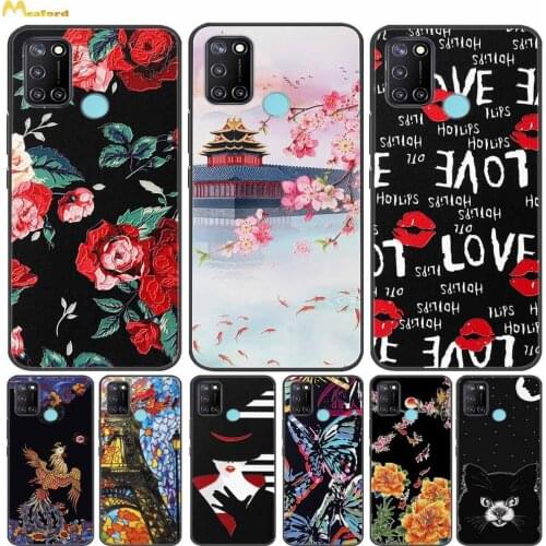 Realme7i RMX2103 Case For Realme C17 Phone Cover 7i Black Silicone 3D Relief Paint Phoenix Rose Flowers Skin Fundas Real Me C 17
