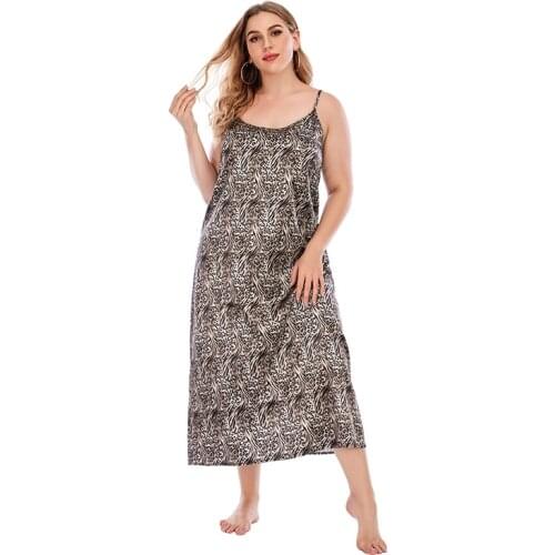 DOIB Women Leopard Pajamas Spaghetti Strap Nightgowns Plus Size Sleepwear Dress Oversize Gown Homewear Summer Dress