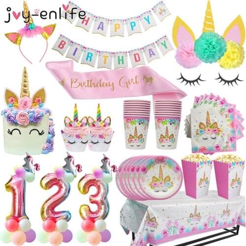 Unicorn Birthday Party Decors Disposable Tableware Kit Unicorn Balloon Cups Plates Napkin Kids Birthday Unicornio Party Supplies