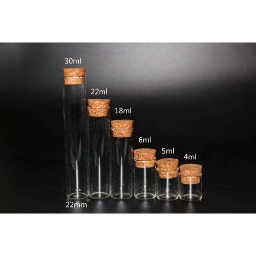 20pcs/lot 4ml 5ml 6ml 18ml 22ml Tube Glass Bottle Vials Sample Jars with Cork Stopper Message Vial Wedding Wish Bottle Jar Decor