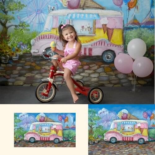 Ice Cream Truck Children Portrait Photography Backdrop Photo Shoot Hand Painted Printed Sweet Girl Birthday Art Background Props