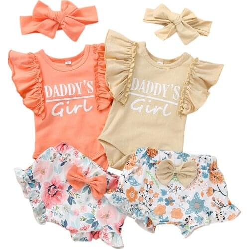 Baby Girls Clothes Set, Letter Print Flying Sleeve O-neck Romper+Floral Print Shorts with Ruffles+Headband