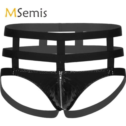 Swimwear Mens Black Underwear Lingerie Faux Patent Leather Zipper Open Front G-String Thong Front Bulge Pouch Underpants