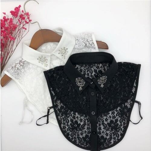 Linbaiway Women Dress Detachable Collars Lapel Lace Floral Hollow Blouse Top Women Handmade Beads Clothes Shirt Accessories