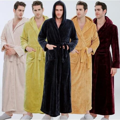 Mens Flannel Nightgown Hooded Long Thicken Bathrobe Warm Coral Fleece Home Set for Autumn and Winter Sleepwear