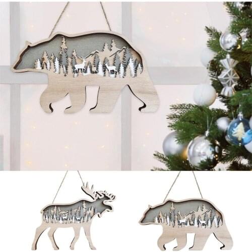 Wall Hanging Brown Bear Deer Wooden Carving Pendent Decorative For Creative Home Holiday Christmas Decorations