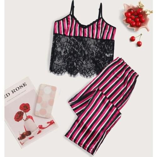 New 2020 Classic Women Home Striped Trousers Satin Pajamas Lace Sleeveless Suspenders Pajamas Sexy Erotic Lingerie пижама женска