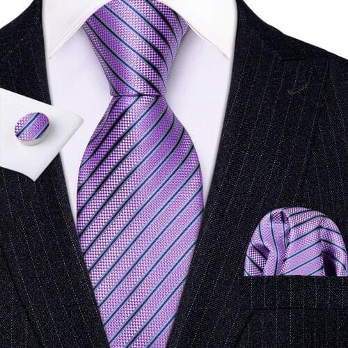 New Fashion Luxury Purple Striped 100% Silk Ties Gifts For Men Wedding Barry.Wang NeckTies Hanky Sets For Groom Business LN-5307