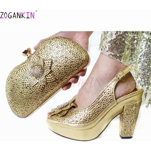 Lates New Design Italian Women Shoes Matching Bag in Golden Color High Quality African Decorate with Rhinestone for Wedding