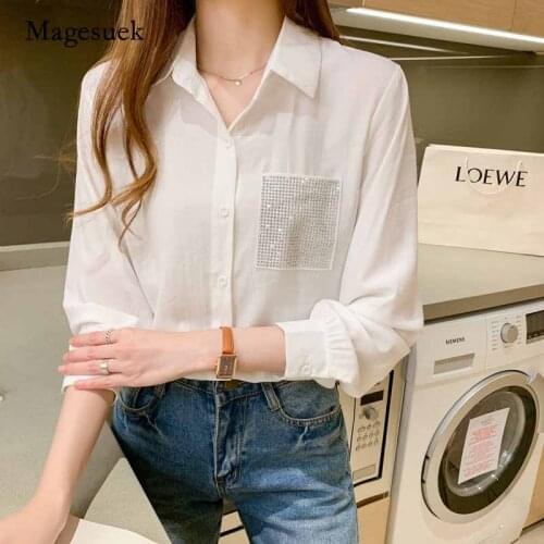 2020 Autumn Fashion New Pockets Solid Turn-down Collar Womens Blouse Korean Style Loose Long-Sleeved Shirt Blusas Mujer 10775