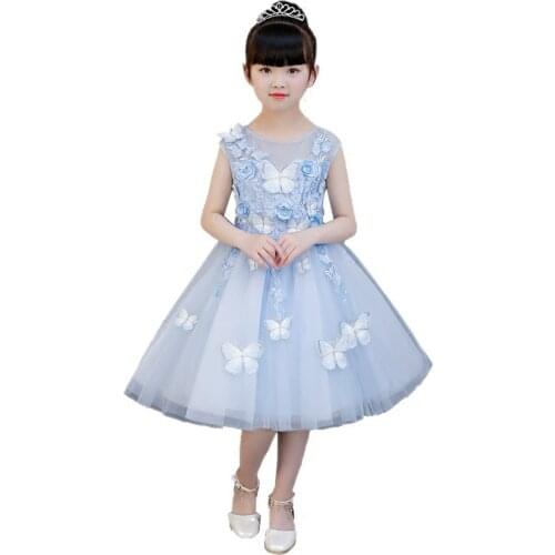 Fashion Retail High Quality Embroidery Flower Neck Elegant Girls Dress With Butterfly Rhinestone Belt Girls Party