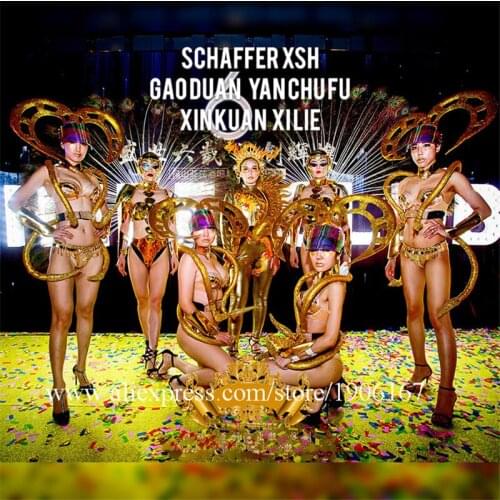 Sexy Lady Catwalk Show Cospaly Dress Suit Gold Color Variation Horns Headwear Costumes Dance Team Halloween Party Clothes