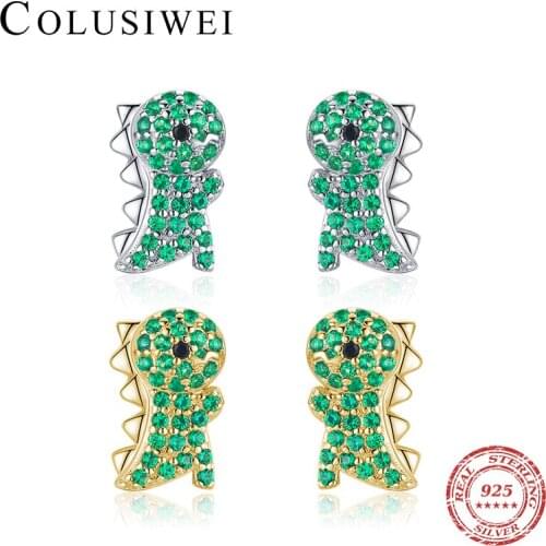 Colusiwei Micro-Inlaid Green Crystal Dinosaur Stud Earrings 925 Sterling Silver Animal Earrings for Women Kids Jewelry Brincos