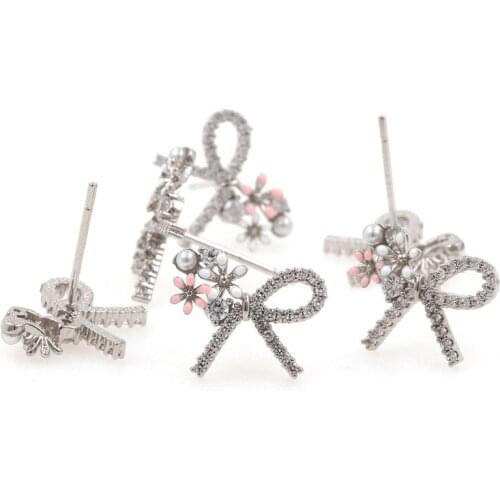 Micropavé Cubic Zirconia Bow Earrings,Flower Earrings,Exquisite Sterling Silver Earrings