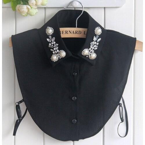 Chiffon Shirt Blouse Lapel Rhinestone Beads Decorations Ladies Women Fake Detachable Collar Neckwear Black White FS0333