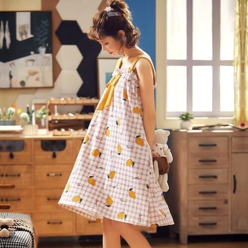 Comfortable Cotton Home Clothes XXL Fruits Plaid Nightgowns Loose Soft Sleepwear Sweet Sexy Nightwear Large Size Nightdress