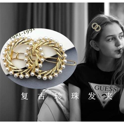 America and Europe pop 2-ring hairpin temperament retro fashion simple pearl alloy hairpin female headdress side clamp