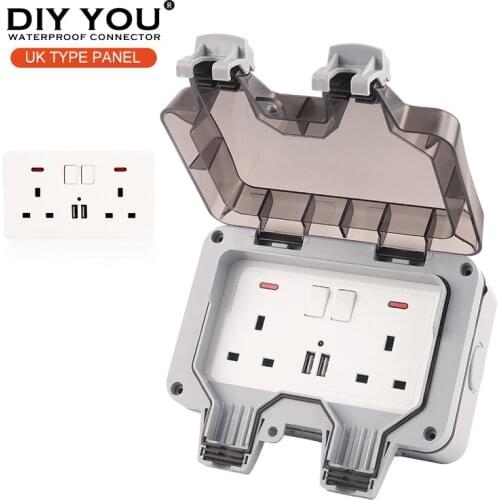 IP66 UK Standard Waterproof Outdoor Wall Power Double Socket Switch With USB For Home Garden 13A Plug Outlet Grounded 250V