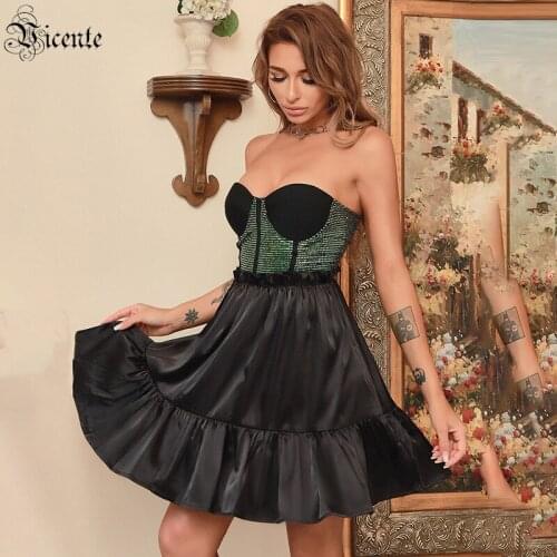 VC 2021 New Arrival Ruffled Satin Skirt Strapless Sleeveless Sequins Cross Tie Backless Short Bandage Dress
