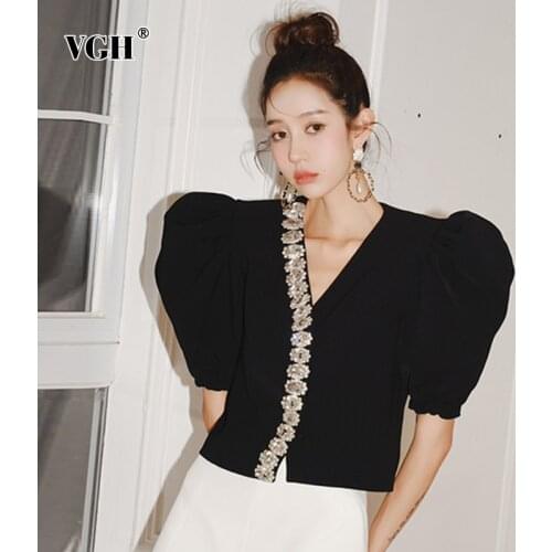 VGH Vintage Black Patchwork Diamonds Shirts Women V Neck Puff Short Sleeve Korean Short Slim Fashion Woman Blouses 2021 Clothing