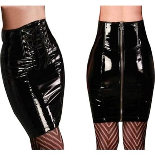 S-XXL Black Zipper Faux Leather Skirt Sexy Women Slim High Waist Straight Black PVC Skirt Vinyl Latex Bondage Clubwear Clothes