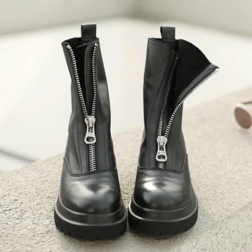 Womens genuine leather front zip ankle boots platform flats Motorcycle boots leisure comfortable punk short booties autumn shoe