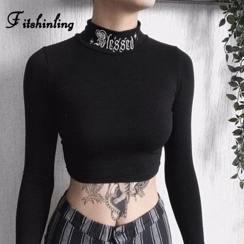 Fitshinling Embroidery Letter Gothic Woman Tshirts Autumn Black Fitness Crop Top Turtleneck Dark Slim Sexy Grunge Female T-Shirt