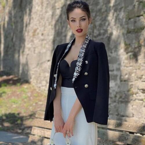 2021 Diamonds Patchwork Women Autumn Long Sleeve Black Blazer Jacket Office Lady Casual Slim Elegant Buttons Fashion Suits 50282